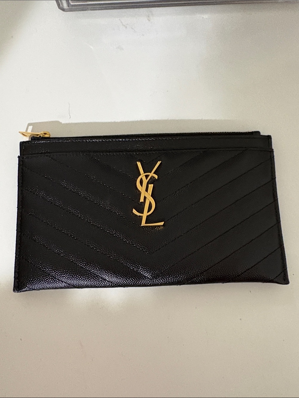 Saint Laurent Black Quilted Leather Zip Pouch with Gold YSL